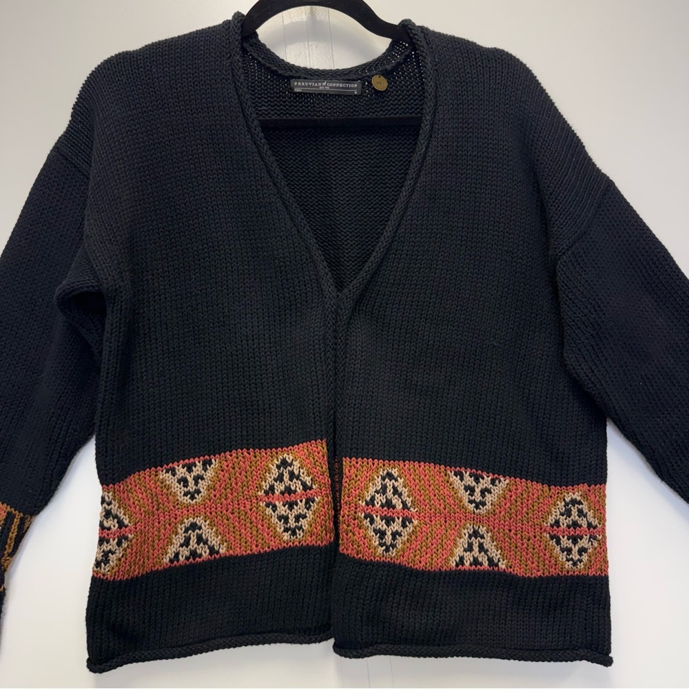 Peruvian Connection Aztec Pattern On Black Cardig… - image 2